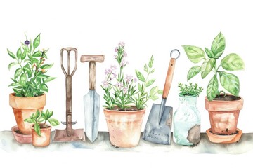 Spring Gardening. Watercolor Illustration of Garden Tools and Plants in White Background
