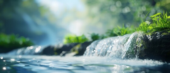 Fototapeta premium A tight shot of a flowing waterstream, framed by grass in the foreground, and sunlight filtering through tree leaves in the background