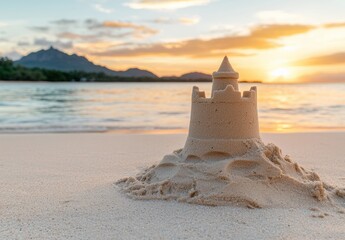 Sunset over a sand castle on the beach