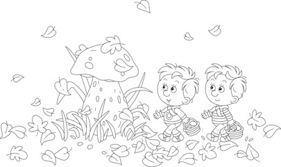 Funny little boys mushroomers with baskets found a very large edible mushroom among grass and fallen leaves in an autumn forest glade, black and white vector cartoon illustration for a coloring book