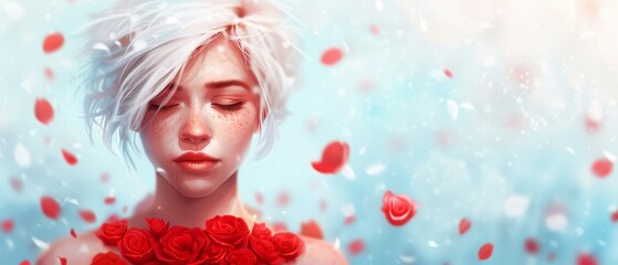 Woman with white hair, red roses, blue backdrop, falling petals