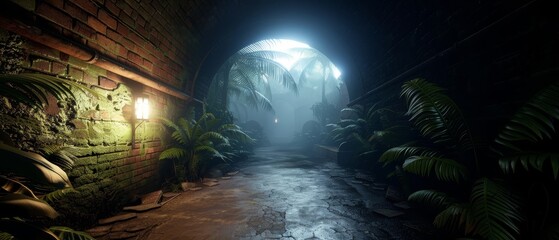 Fototapeta premium A dark tunnel illuminated by a light at its end, lined with lush greenery on both sides