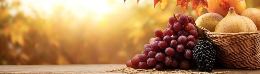 A beautiful display of fresh fruits in a basket, showcasing vibrant colors in a warm, autumn setting. Perfect for seasonal themes.