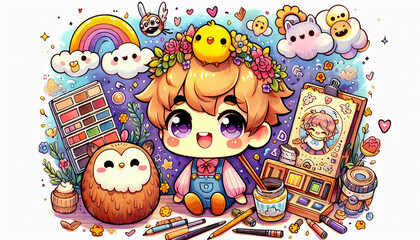 Fototapeta premium A cute character ink and watercolor illustration lively background.