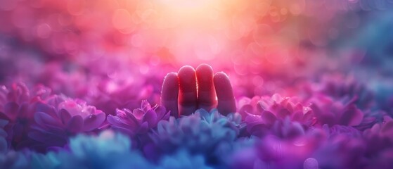 Obraz premium A scene of two hands gently touching amidst a vibrant expanse of purple and pink blossoms, illuminated by a radiant backdrop of light