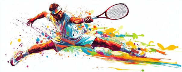 Obraz premium Dynamic and vibrant illustration of a male tennis player in full action with colorful splashes