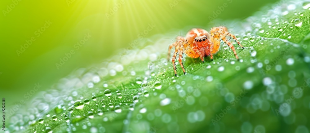 Wall mural  A tight shot of a spider on a wet leaf, with dew drops on its back, and a sunburst behind