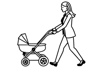Woman with baby stroller art vector illustration