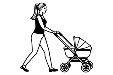 Woman with baby stroller art vector illustration