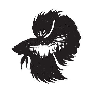 recommend clip art: silhouette of Betta Fish filled with nature night view in rough drawing