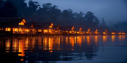 Fototapeta premium row of thatched-roof overwater bungalows illuminated warmly at dusk, with reflections dancing on water. blend of luxury and nature, ideal for eco-conscious travelers seeking serenity