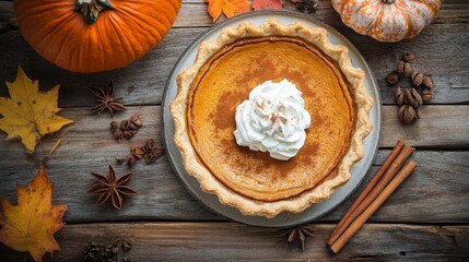A freshly baked pumpkin pie topped with whipped cream sits on a wooden table surrounded by autumn leaves, pumpkins, and spices.