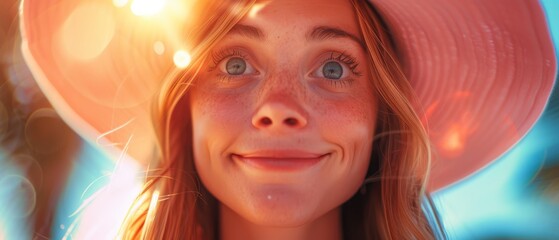 Fototapeta premium A woman in a pink hat, facing the sun with windswept hair