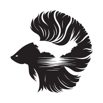 recommend clip art: silhouette of Betta Fish filled with river view in rough drawing