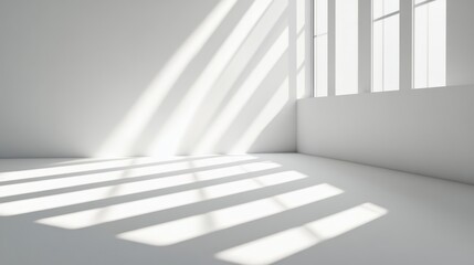 Fototapeta premium A minimalist interior space with sunlight casting shadows on a white wall and floor.