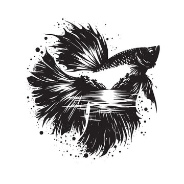 recommend clip art: silhouette of Betta Fish filled with river view in rough drawing
