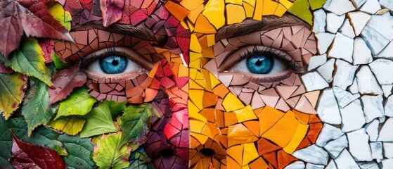  A tight shot of a woman's visage adorned with a mosaic design and verdant foliage