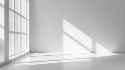 A minimalist interior with large windows casting shadows on a bright floor.