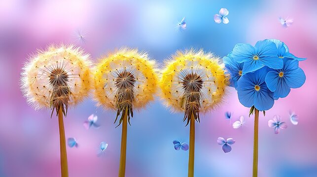 Fototapeta   Three dandelions together on blue-pink backdrop with butterflies
