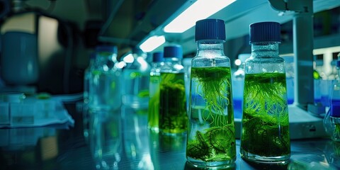 algae in laboratory within glass jars - glowing