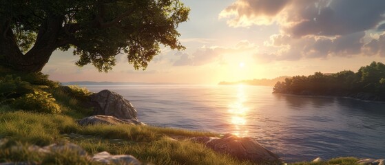  A sunset painting over a body of water, featuring a tree in the foreground and rocks at its edge