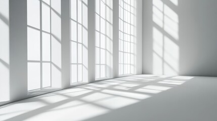 A minimalist interior with large windows casting shadows on the floor.