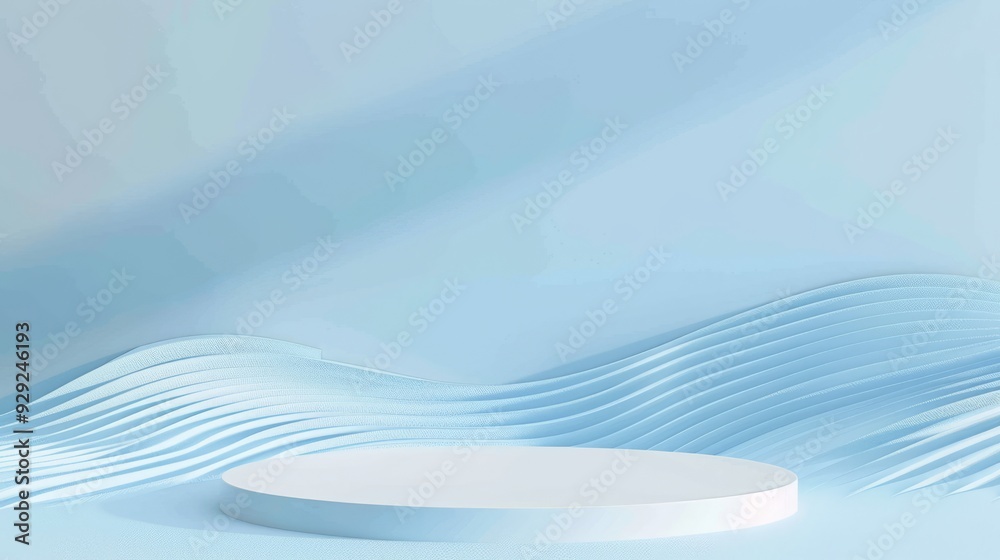 Poster a minimalist podium stands prominently against a gentle pastel blue backdrop featuring elegant wavy 