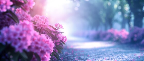 Fototapeta premium Pink flowers bloom along a park's roadside, where sunlight filters through trees