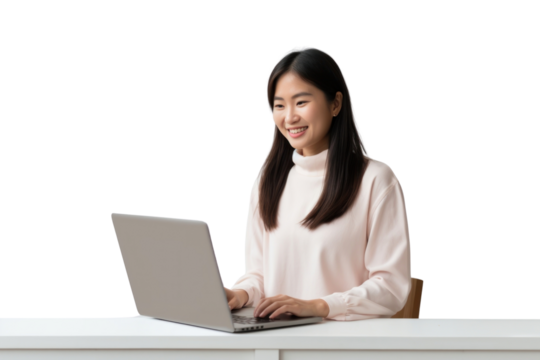 PNG  Woman working on laptop smiling