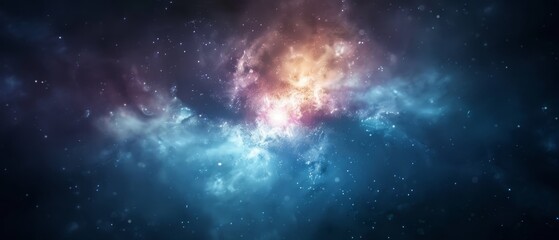 Naklejka premium A blue-red star-filled sky with a scatter of stars above, interspersed by numerous stars, including one represented as a blank space filled with many stars