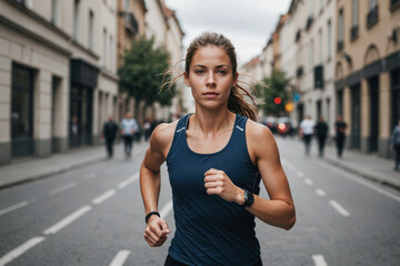 Portrait confident young female runner on urban street