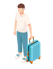 Woman with blue suitcase ready for travel. Isometric style person with luggage. Vector illustration isolated on white background