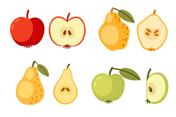 Assorted sliced fruits with apples and pears. Simple fresh vitamin food. Healthy products. Vector illustration isolated on white background