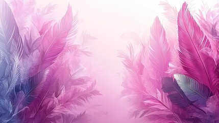 Obraz premium A close-up of a pink and blue background with a cluster of feathers at its center, set against a soft pink backdrop
