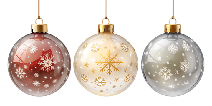 PNG three christmas baubles with snowflake pattern transparent