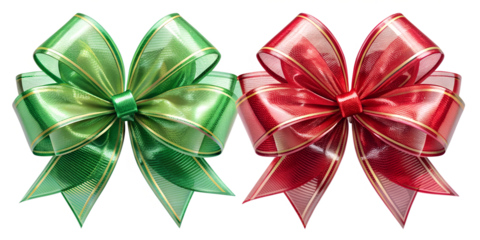 PNG green and red christmas bows with gold trim transparent
