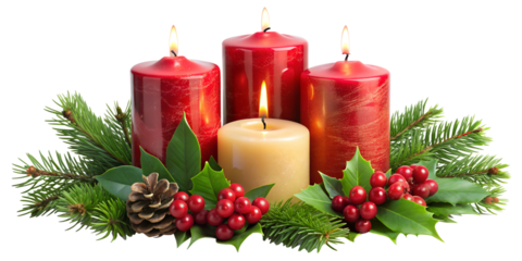 PNG festive Christmas candles with holly leaves transparent