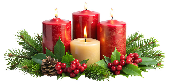 PNG festive Christmas candles with holly leaves transparent
