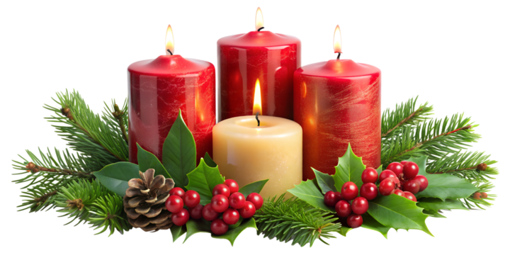 PNG festive Christmas candles with holly leaves transparent
