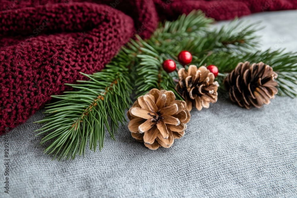 Poster cozy winter holiday decor with pine branches and pinecones