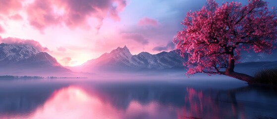  A tree painted in the center of a serene lake, surrounded by towering mountains and billowing clouds in the sky