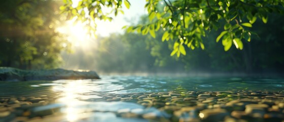 Fototapeta premium The sun illuminates leaves, casting light on water with nearby rocks in the foreground