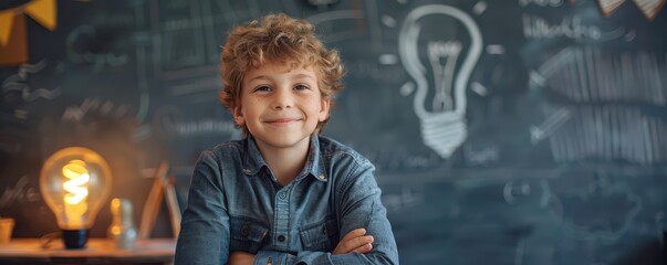 Smiling boy standing by a chalkboard with a drawn lightbulb. Free copy space for text.