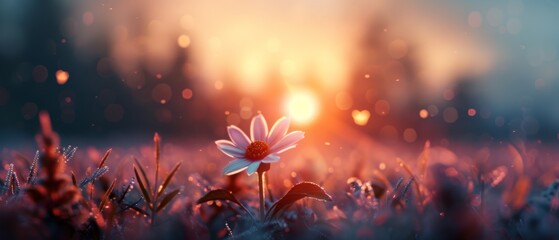 Obraz premium A solitary bloom in a verdant sea of grass Sunset backdrop, softly blurred