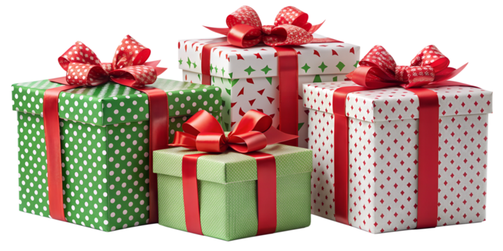 PNG Christmas gift boxes with bows and ribbons transparent