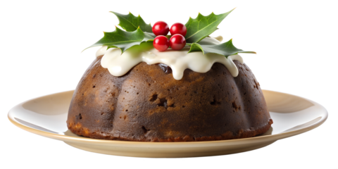 PNG Christmas pudding with holly on white plate transparent