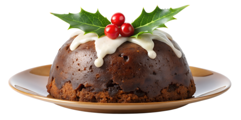 PNG Christmas pudding with holly and cream icing transparent