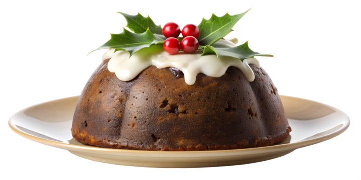 PNG Christmas pudding with holly on white plate transparent