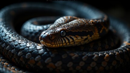 Obraz premium A close-up of a coiled snake with intricate scales and focused eyes, showcasing the detailed texture and natural beauty of this reptile.