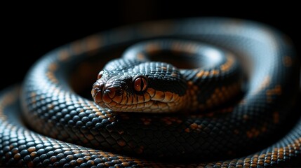 Fototapeta premium A close-up of a coiled snake with intricate scales and focused eyes, showcasing the detailed texture and natural beauty of this reptile.